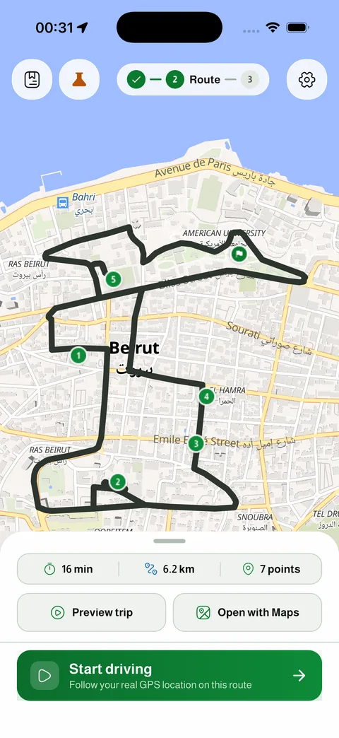 Laffa mobile app — route view in Beirut